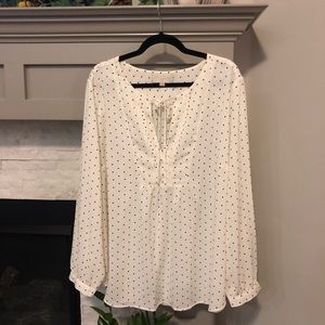 LOFT Plus White Long Sleeve Dotted Blouse
